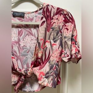 Zara Pink Flamingo Tie Front Crop Top
